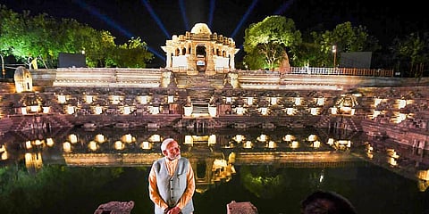 Prime Minister Narendra Modi during a solar-powered 3D projection mapping and heritage lighting show at Sun Temple in Mehsana district. (Photo | PTI)