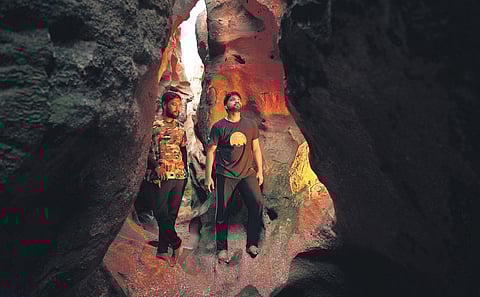 The duo at a 20-million-year-old place of fossil; (inset) a 9th-century Jain sculpture