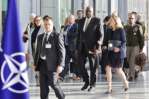 US Secretary of Defense Lloyd Austin arrives for a meeting of NATO defense ministers at NATO headquarters in Brussels. (Photo | AP)