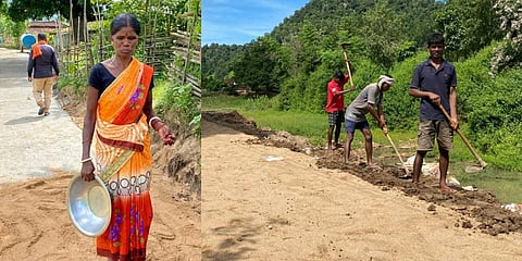 (L-R) Indian skipper Ashtam Oraon's mother and father working at the road site. (Photo | Special Arrangement)