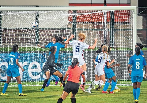 USA score against India during their FIFA U-17 Women’s World Cup clash at the Kalinga Stadium in Bhubaneswar on Tuesday | DEBADATTA MALLICK