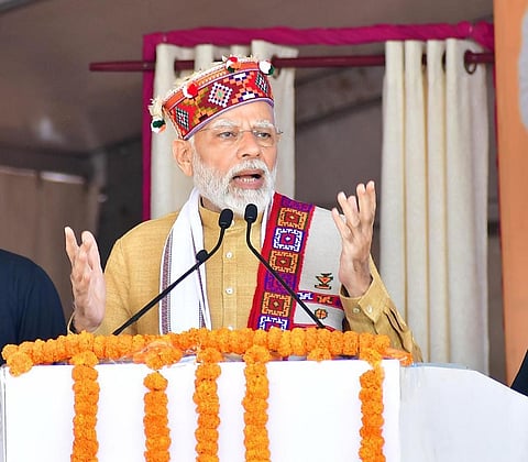 Prime Minister Narendra Modi addressing a rally in Una. He was presented with a Himachali Cap, Shawl, ‘Dev Rath’ and Chunari of Mata Chintpurni by Chief Minister Jai Ram Thakur.