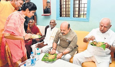CM Bommai and  BJP leader BS Yediyurappa enjoy breakfast at Kollarappa’s home