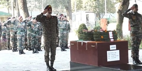 Cdr & all ranks paid homage to Army Assault Canine 'Zoom', who made the supreme sacrifice in the line of duty on 13 Oct 22. (Photo | NORTHERN COMMAND - INDIAN ARMY Twitter)