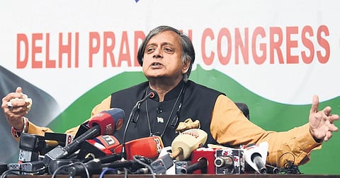 Shashi Tharoor addresses a press conference in New Delhi. (Photo | Parveen Negi)