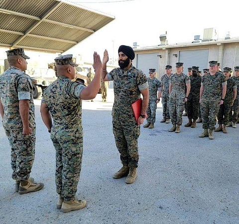 Marine Corps Capt. Sukhbir Singh Toor at his promotion to captain. (Photo | Twitter/@sikh_coalition)