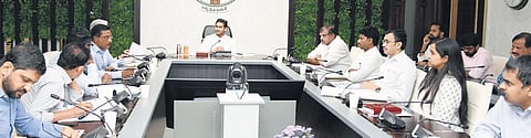 Chief Minister YS Jagan Mohan Reddy addressing school education department officials at his camp office in Tadepalli | Express