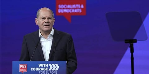 German Chancellor Olaf Scholz delivers a speech during a congress of the Party of European Socialists (PES) in Berlin, Germany. (Photo | AP)