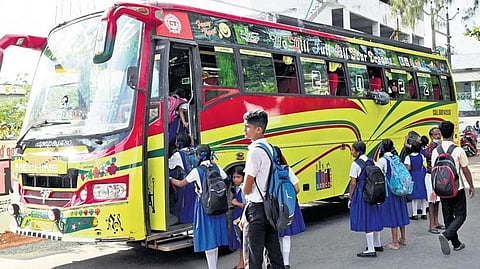 Students board a tourist bus in Kozhikode on Friday | E Gokul