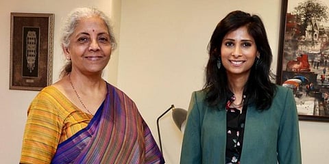 Finance Minister Nirmala Sitharaman with IMF's Deputy Managing Director Gita Gopinath. (Photo | Gita Gopinath Twitter)