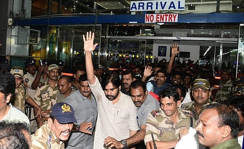 Jana Sena leader and actor Pawan Kalyan at Visakhapatnam Airport. (Express)