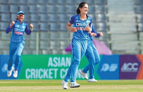 India’s Renuka Singh Thakur celebrates after taking a wicket on Saturday | ACC