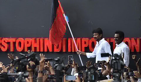 DMK Youth wing Secretary led the protest against imposition of ‘HINDI’. (Photo | P Jawahar, EPS)