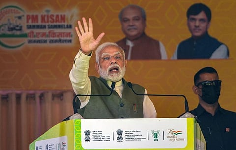 Prime Minister Narendra Modi addresses the PM Kisan Samman Sammelan 2022 at Pusa in New Delhi. (Photo | PTI)