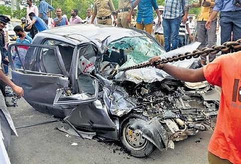 (File photo) The mangled remains  of the car; Ramya