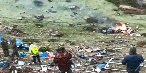 Kedarnath: Rescue work underway after a helicopter carrying pilgrims crashed near Kedarnath in Uttarakhand. (Photo | PTI)