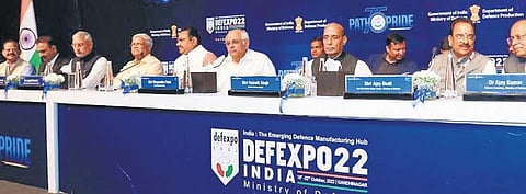 Defence Minister Rajnath Singh during the curtainraiser event for the DefExpo 2022 in Gandhinagar. (Photo | Express)