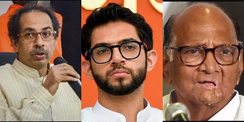 Shiv Sena leaders Uddhav Thackeray, Aaditya Thackeray and NCP chief Sharad Pawar.  (Photo | PTI)