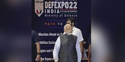 Prime Minister Narendra Modi at the inauguration of DefExpo 22, in Gandhinagar. (Photo | PTI)