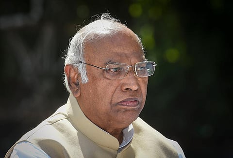 Congress party presidential candidate Mallikarjun Kharge during a press conference in New Delhi. (Photo | PTI)