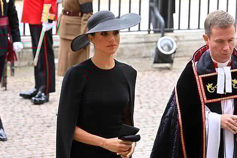 Meghan, Duchess of Sussex arrives for the funeral service of Queen Elizabeth II at Westminster Abbey in central London. (Photo | AP)