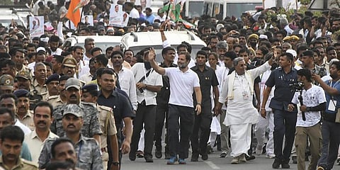 Congress leader Rahul Gandhi with party leader Siddaramaiah and others during 'Bharat Jodo Yatra' in Mysuru district, Saturday, Oct. 1, 2022. (Photo | PTI)