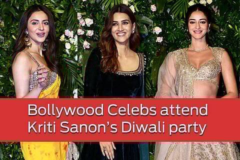 Kriti Sanon threw a big Diwali bash Wednesday night at her residence in Mumbai. Her colleagues Varun Dhawan, Ananya Panday, Nushratt Bharuccha, Rakul Preet Singh, Karan Johar and others turned up in their festive best for the party. (Photos | PTI)