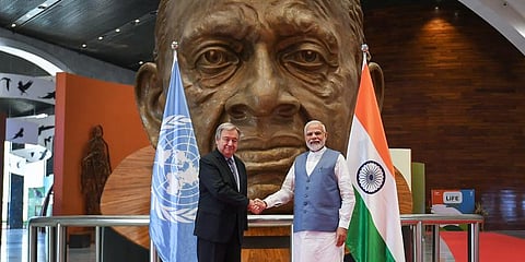 Prime Minister Narendra Modi with United Nation Secretary-General Antonio Guterres at the Statue of Unity, in Kevadia, Thursday, Oct. 20, 2022. (Photo | PTI)