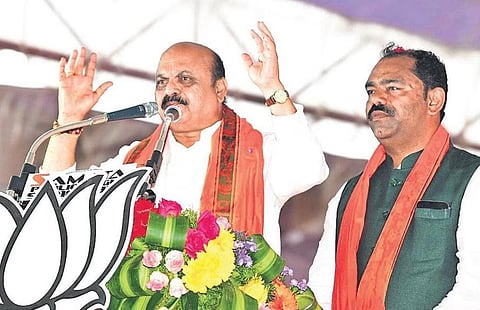 Chief Minister Basavaraj Bommai addresses the BJP’s Jana Sankalpa Yatra at Kamalapura in Kalaburagi district on Wednesday
