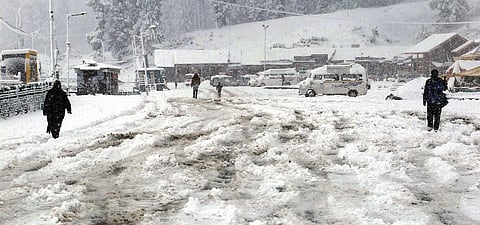 About 3-4 inches of snowfall brings down temperatures earlier than usual this year in Gulmarg on Thursday. (Photo | EPS, zahoor punjabi)