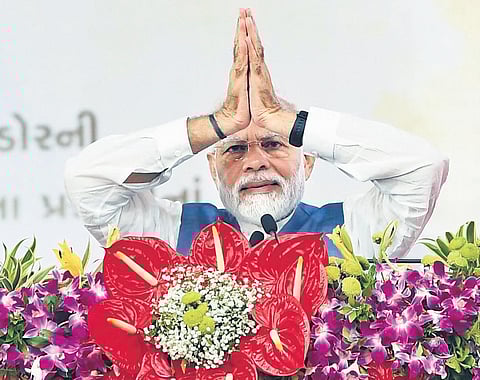 Prime Minister Narendra Modi during a visit to Vyara in Tapi, Gujarat, on Thursday. (File Photo)