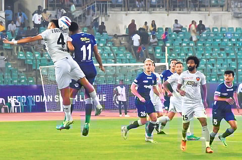 Chennaiyin FC and FC Goa players in action in Chennai on Friday | R Satish Babu