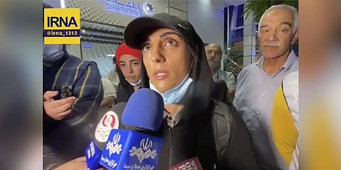 In this image taken from video by Iran's state-run IRNA news agency, Elnaz Rekabi speaks to journalists in Imam Khomeini International Airport in Tehran.Oct. 19, 2022. (File Photo | AP)