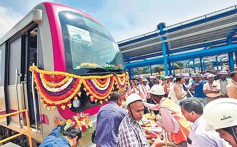 Puja being performed before the trial run of the six-coach train between Whitefield depot and Pattandur Agrahara Station on Friday | Express