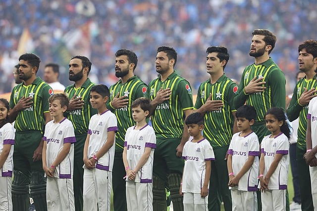 Pakistani players sing their national anthem ahead of the T20 World Cup cricket match between India and Pakistan in Melbourne, Australia. (Photo | AP)