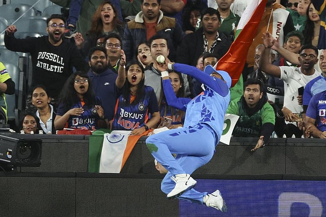 India's KL Rahul attempts to take a catch during the T20 World Cup cricket match between India and Pakistan. (Photo | AP)