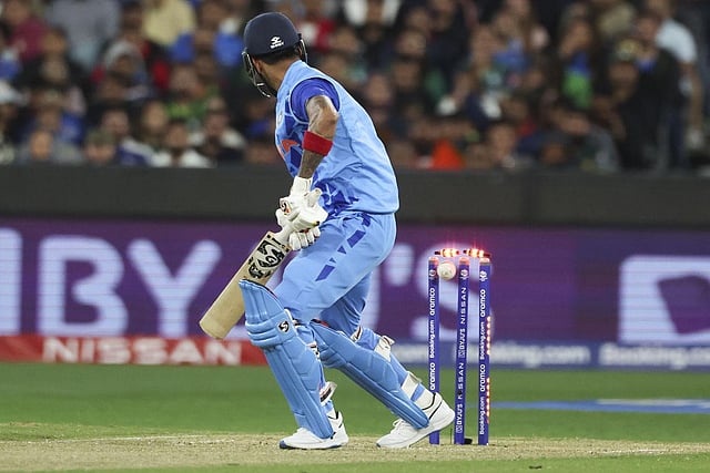 India's KL Rahul is outbowled by Pakistan's Naseem Shah during the T20 World Cup cricket match between India and Pakistan in Melbourne. (Photo | AP)