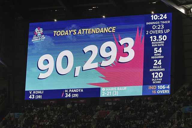 The attendance is shown on a giant screen during the T20 World Cup cricket match between India and Pakistan in Melbourne. (Photo | AP)