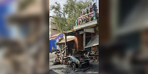 The car was broken in two due to the explosion of the cylinder in the car. (Photo | S Senbagapandiyan, Express)