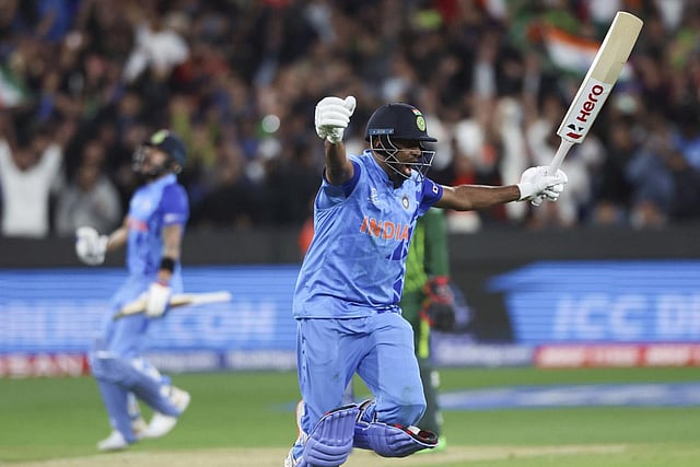 India's Ravichandran Ashwin reacts after hitting the winning runs during the T20 World Cup cricket match between India and Pakistan in Melbourne. (Photo | AP)