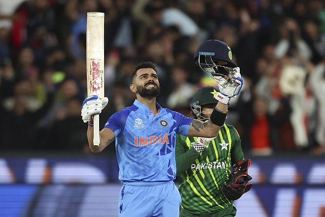 India's Virat Kohli reacts after winning the T20 World Cup cricket match against Pakistan in Melbourne, Australia. (Photo | AP)