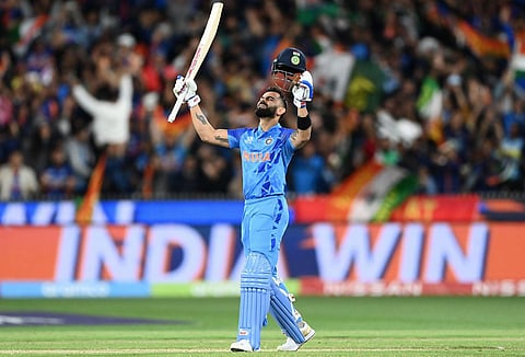 Indian star batter Virat Kohli celebrating his win over Pakistan. (Photo | Twitter/ICC)