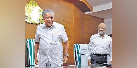 Chief Minister Pinarayi Vijayan leaves after a press meet at the Secretariat on October 18, 2022. (Photo |  B P Deepu, EPS)