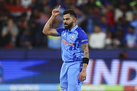 India's Virat Kohli reacts after winning the T20 World Cup cricket match against Pakistan in Melbourne, Sunday, Oct. 23, 2022. (Photo | AP)