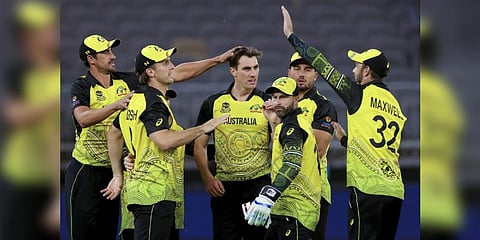 Teammates congratulated Pat Cummins after dismissing Kusal Mendis of Sri Lanka during Australia and Sri Lanka T20 World Cup cricket match in Perth, Australia | PTI