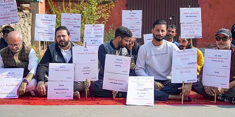 People take part in a peaceful protest against innocent killings in Jammu and Kashmir, in Srinagar, Sunday, Oct. 16, 2022. (Photo | PTI)