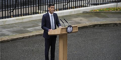 New British Prime Minister Rishi Sunak speaks at Downing Street in London, Tuesday, Oct. 25, 2022.(Photo | AP)
