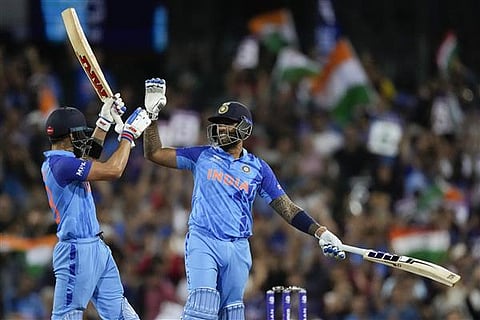 India's Virat Kohli, left, and teammate Suryakumar Yadav react at the end of their innings during the T20 World Cup cricket match between India and the Netherlands in Sydney, Australia. (Photo | AP)