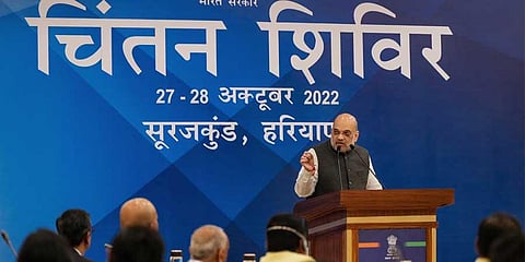 Union Home Minister Amit Shah addresses during 'Chintan Shivir' of home ministers of all states, at Surajkund in Faridabad, Thursday, Oct. 27, 2022. (PTI)