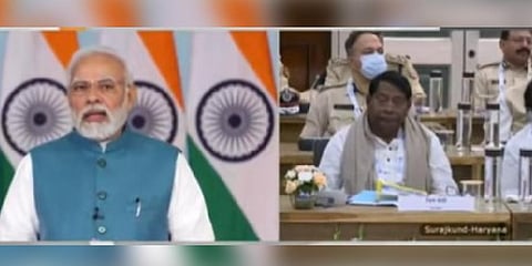 Prime Minister Narendra Modi adressing 'hintan Shivir'of Home Ministers of states in Haryana through video-conference | Narendra Modi @ Twitter